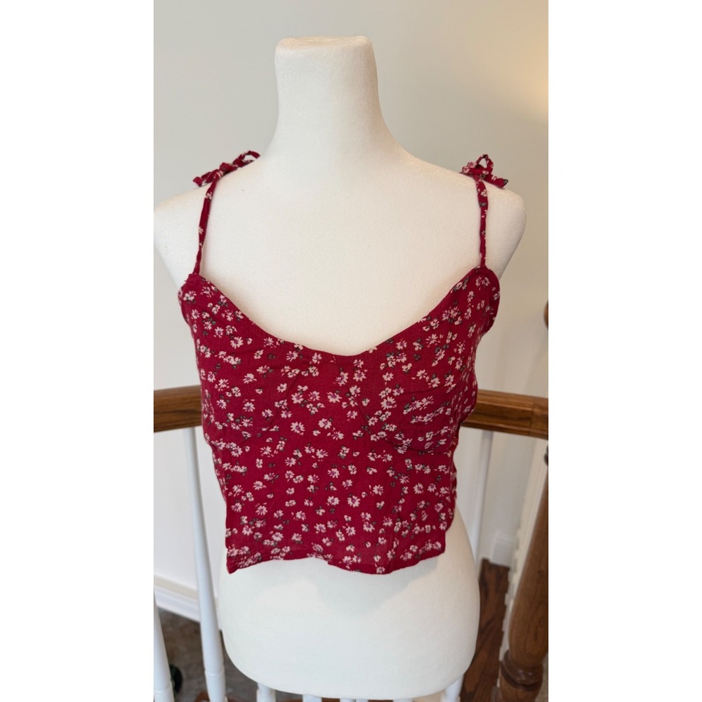 Melrose Place XS Red White Floral Cotton Tie Strap Sweetheart Neck Cropped Knit